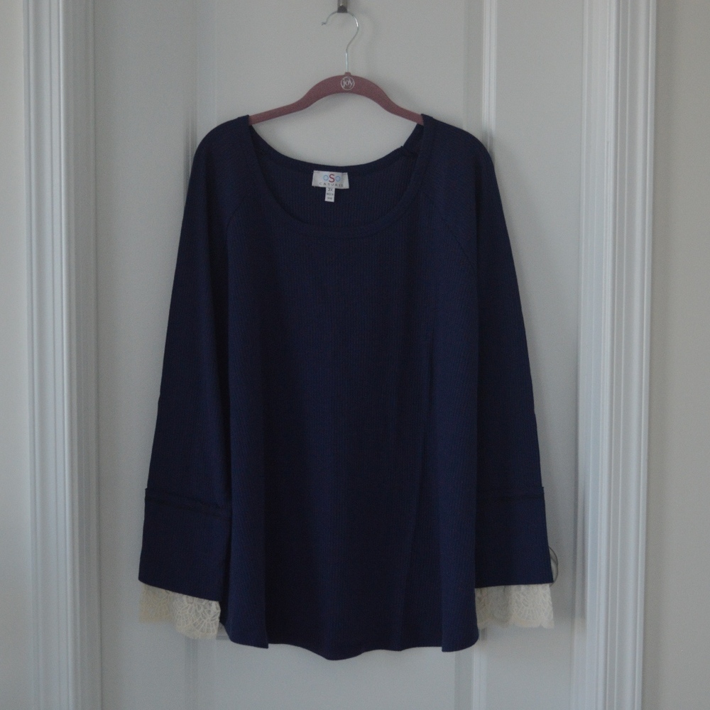 NWOT Deep Blue Top with Lace Hem Sleeves